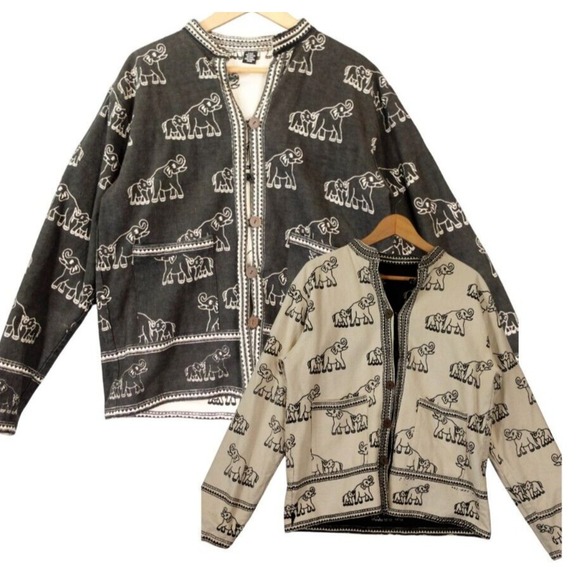 Whimsy Reversible Jacket M Black‎ White Elephant All Over Loop Button Boho ITF - Picture 1 of 16